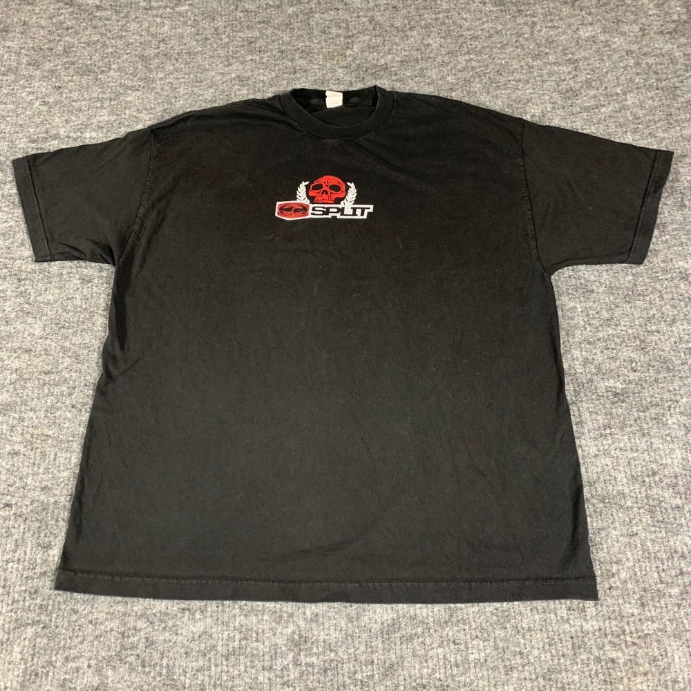 VTG Split T Shirt Mens XL Black Skull Graphic Skate Streetwear Y2K Short Sleeve